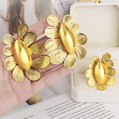 Luxury Shining Gold Color Earrings Ring Set for Women Bride Nigeria Noble Design Jewelry Gift for Wedding Party Accessories