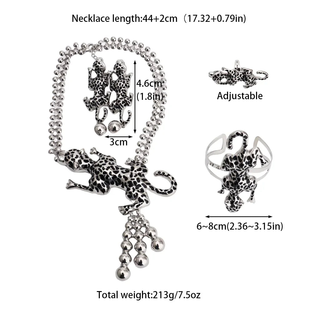 Nigerian Sliver Color Huge Leopard Shape Jewelry Set Exaggerate Africa Woman Necklace Earring Ring Bangle Easter Party Gift
