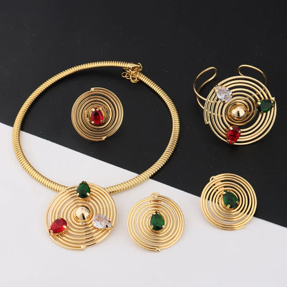 Dubai Luxury Gold Plated Round Shape Noble Women Jewelry Set With Bangle Necklace Ring Earrings Exclusive Design Festival Gift