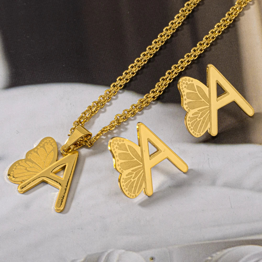 French Letter Pendant Necklace and Earrings 2Pcs Set For Girls Women Gold Color Butterfly Wings Shape Jewelry Gift For Wedding