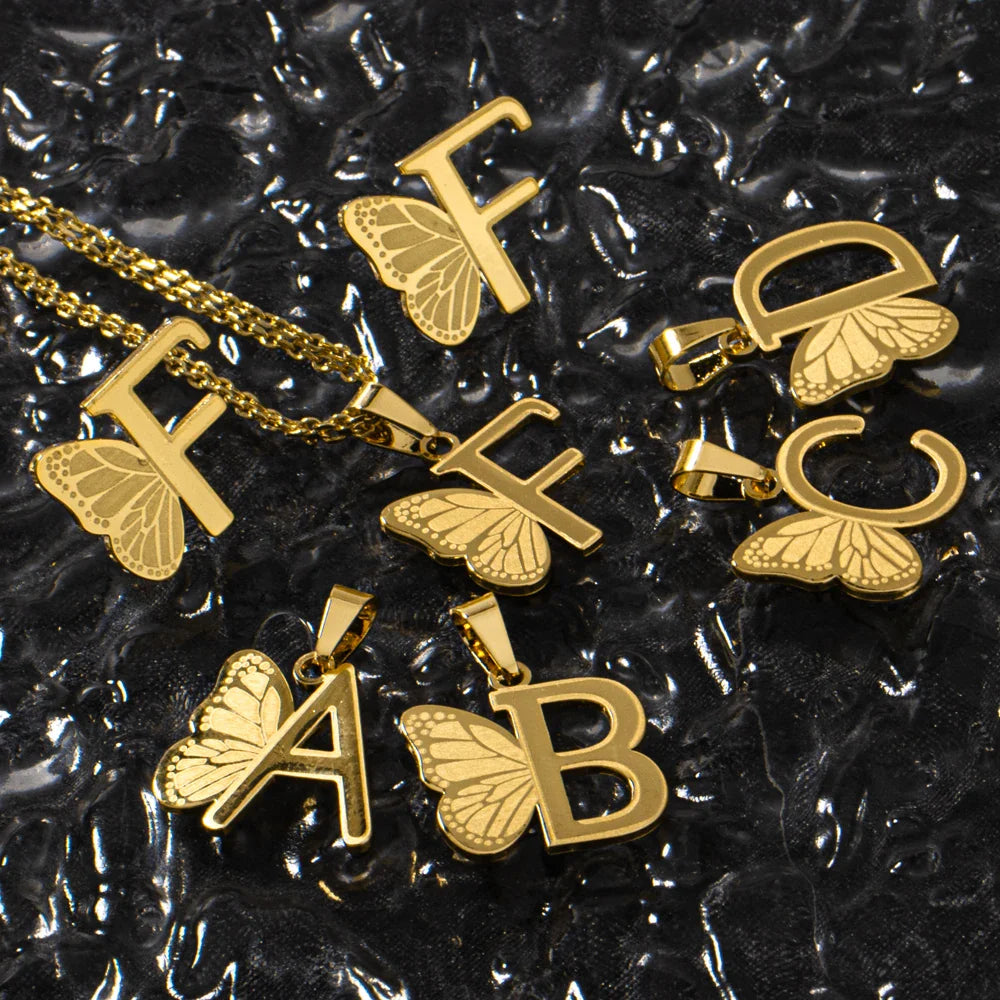 French Letter Pendant Necklace and Earrings 2Pcs Set For Girls Women Gold Color Butterfly Wings Shape Jewelry Gift For Wedding