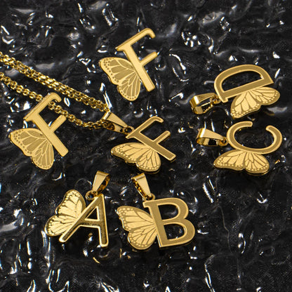 French Letter Pendant Necklace and Earrings 2Pcs Set For Girls Women Gold Color Butterfly Wings Shape Jewelry Gift For Wedding