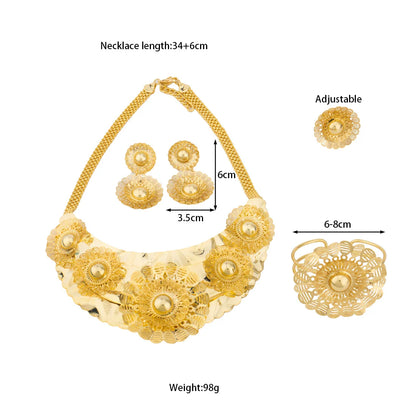 2025 Luxury Women's 4Pcs Jewellery Set Gold Color Flowers Shape Earrings Bracelets Necklace and Ring For Party Women's Day
