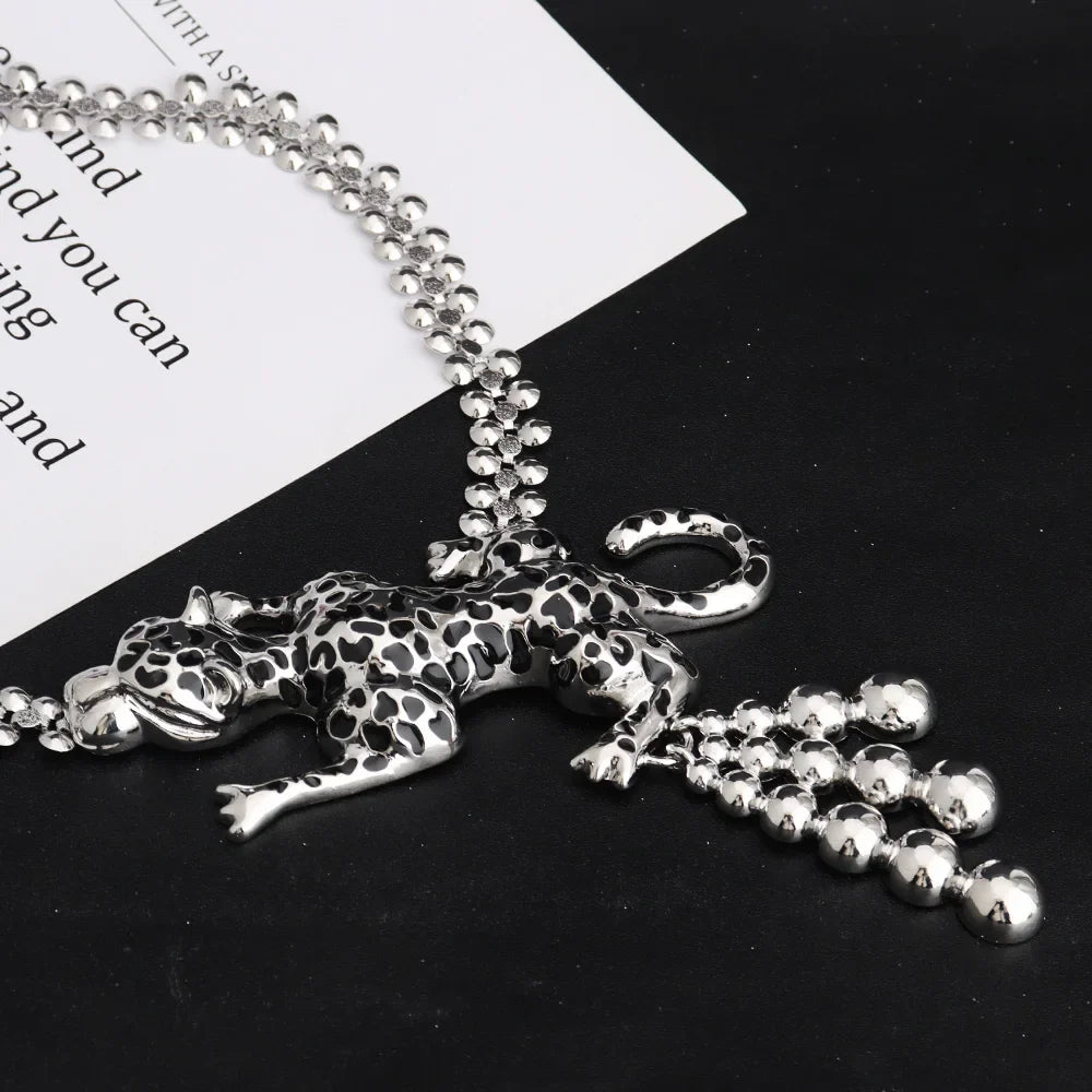 Nigerian Sliver Color Huge Leopard Shape Jewelry Set Exaggerate Africa Woman Necklace Earring Ring Bangle Easter Party Gift