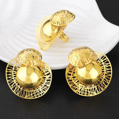 Luxury Shining Gold Color Earrings Ring Set for Women Bride Nigeria Noble Design Jewelry Gift for Wedding Party Accessories