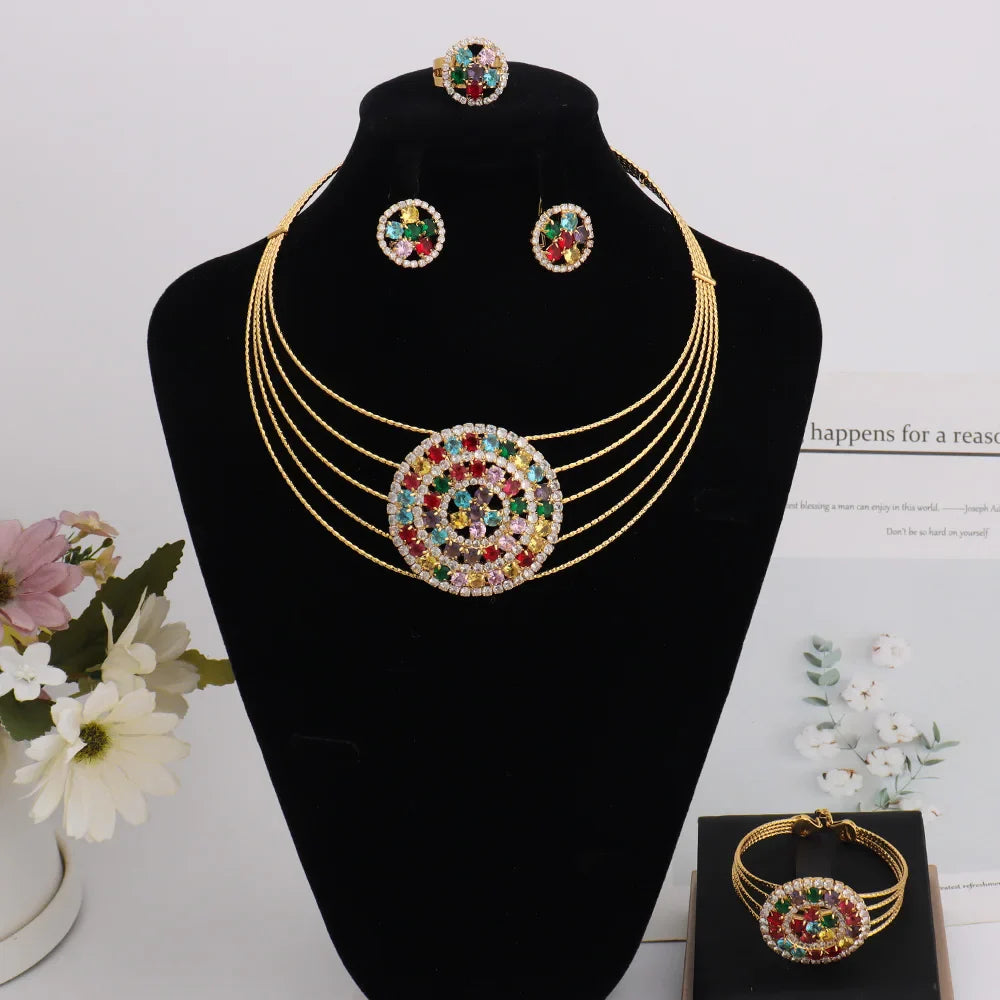 Arab Luxury Women Gold Color Necklace Earrings Bangle Ring Set Hollowed out Colorful Zircon Jewelry Set For Party Easter Gift