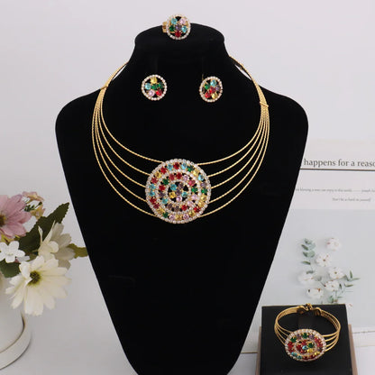 Arab Luxury Women Gold Color Necklace Earrings Bangle Ring Set Hollowed out Colorful Zircon Jewelry Set For Party Easter Gift