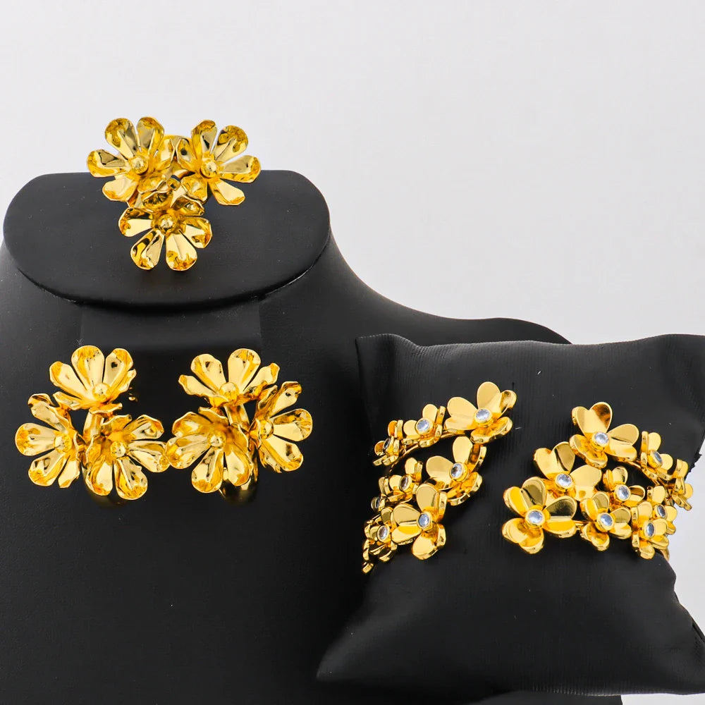 2025 Romantic Gold Color Floral Jewelry Set for Women 3Pc Earrings Bracelet Ring Mother's Day Women's Day Gift Party Accessories