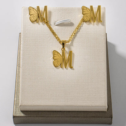 French Letter Pendant Necklace and Earrings 2Pcs Set For Girls Women Gold Color Butterfly Wings Shape Jewelry Gift For Wedding