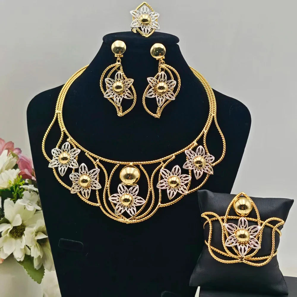 Dubai Jewelry Set For Women Gold Color Hollowed Out Earrings Flower Necklace Bangle Ring Nigeria Elegant Bride Party Easter Gift