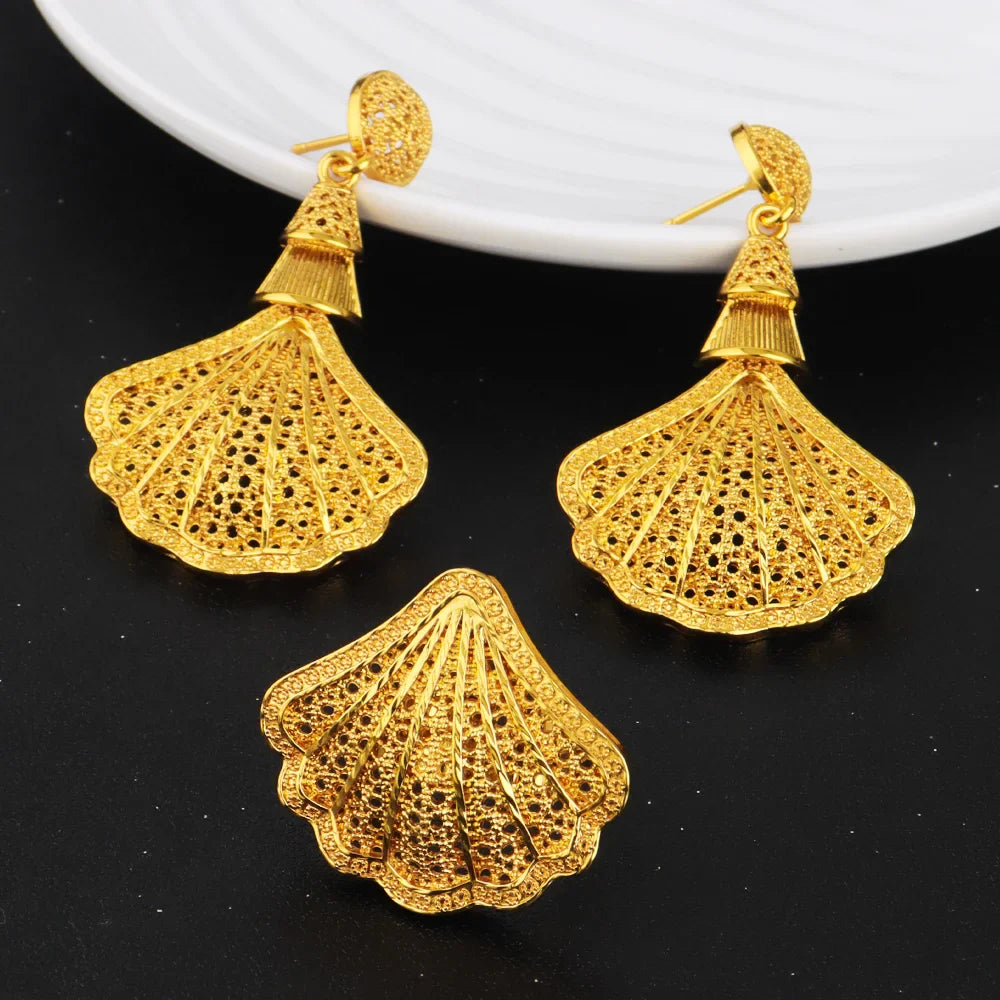Arab Women Jewelery Set Nigerian Shell Shape Earrings Luxury Necklace Ring Easter Mother's Day Daily Gift Spring Promotion titk