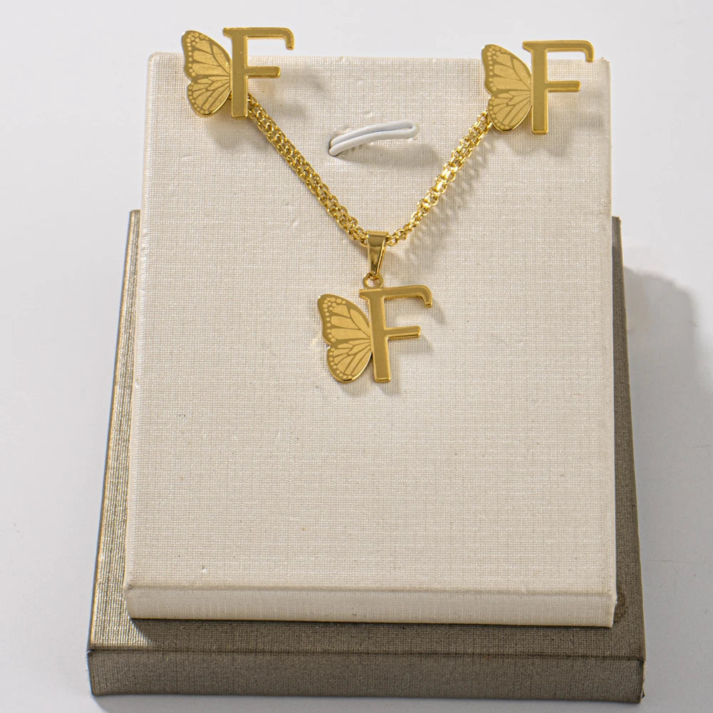 French Letter Pendant Necklace and Earrings 2Pcs Set For Girls Women Gold Color Butterfly Wings Shape Jewelry Gift For Wedding