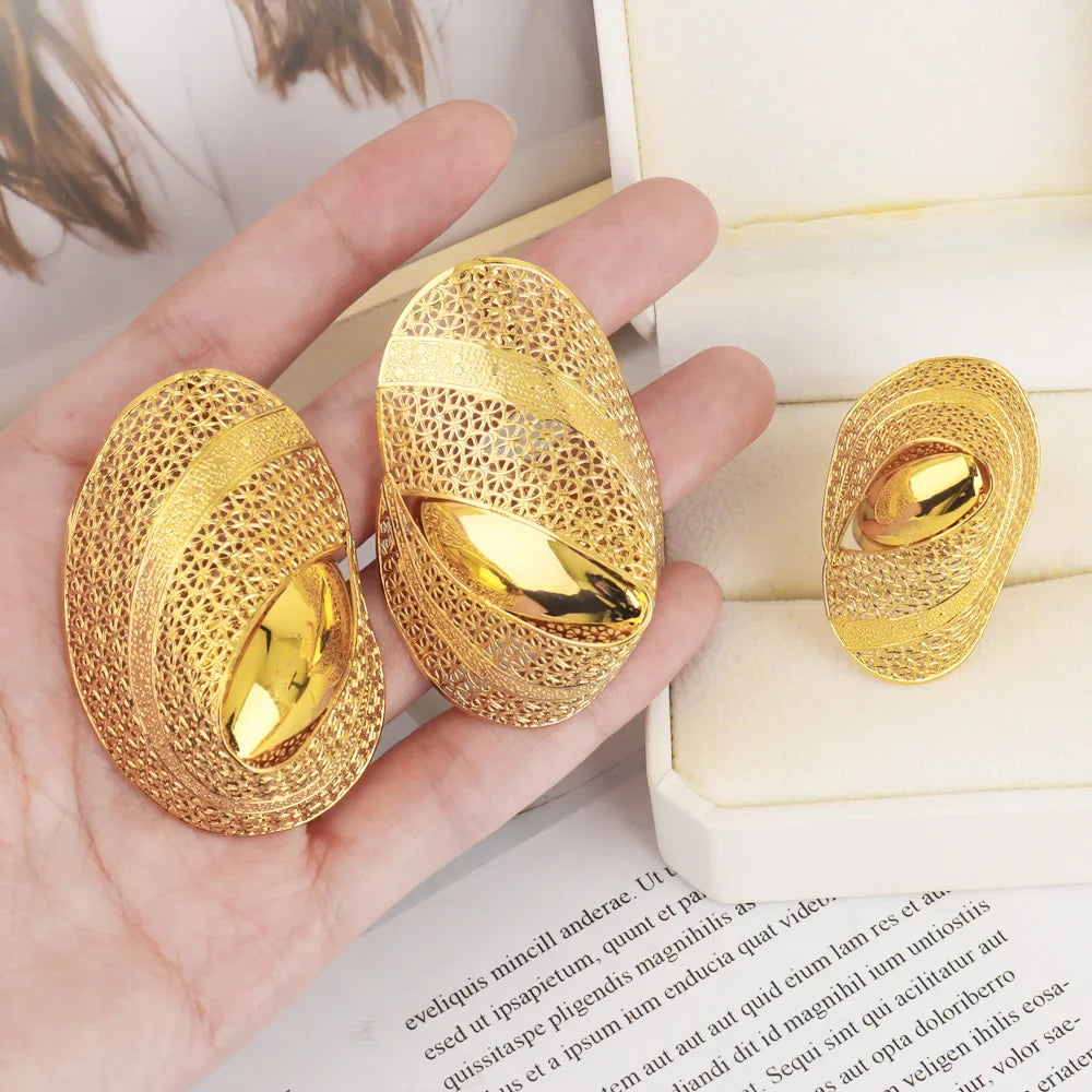Luxury Shining Gold Color Earrings Ring Set for Women Bride Nigeria Noble Design Jewelry Gift for Wedding Party Accessories