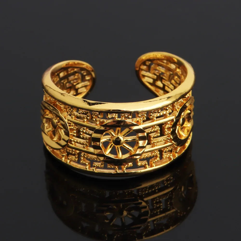 Dubai Luxury Noble Jewelry Bangle and Ring Set for Women Gold Color Carving Hollow Crafts Jewelries Gift For Party Wedding