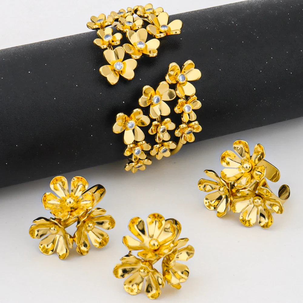 2025 Romantic Gold Color Floral Jewelry Set for Women 3Pc Earrings Bracelet Ring Mother's Day Women's Day Gift Party Accessories