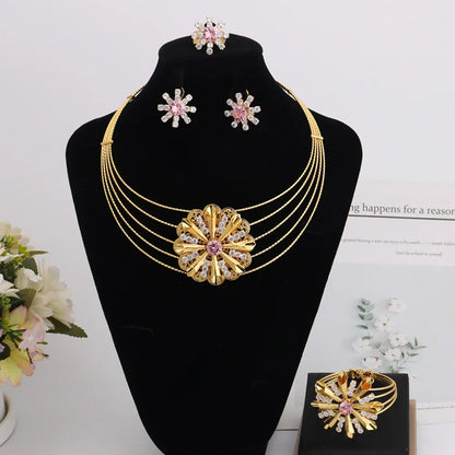 Arab Luxury Women Gold Color Necklace Earrings Bangle Ring Set Hollowed out Colorful Zircon Jewelry Set For Party Easter Gift