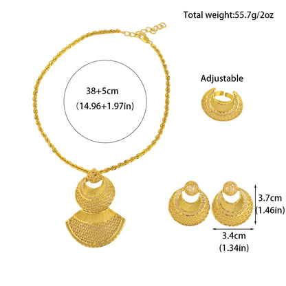 Dubai Luxury Gold Color Shining Necklace Earrings Ring Set for Women Noble Gold Plated Jewelry Gift for Party Wedding Banquet
