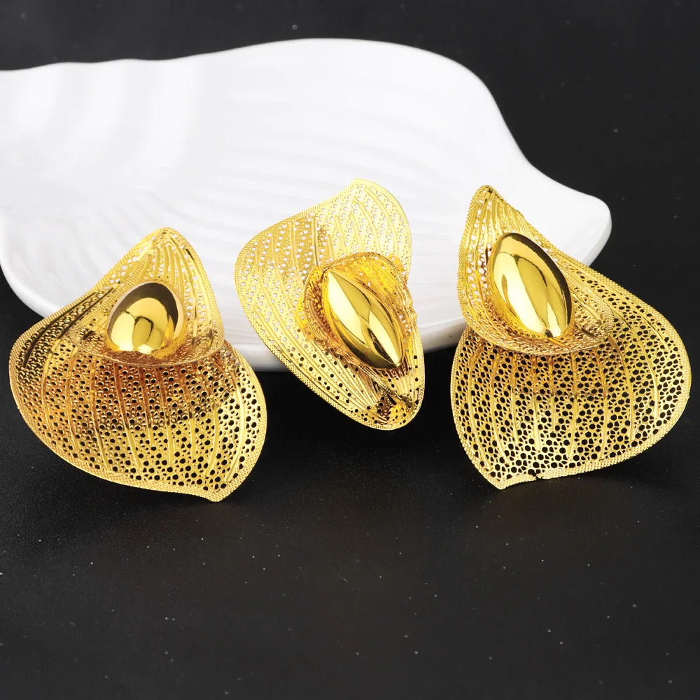 Luxury Shining Gold Color Earrings Ring Set for Women Bride Nigeria Noble Design Jewelry Gift for Wedding Party Accessories
