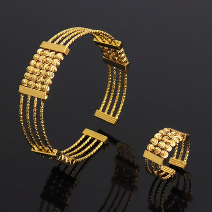 Luxury Dubai Gold Color Bangle And Ring For Women Noble Hollow Out Design Jewelry Set For Easter Gifts Wedding Arabic Party