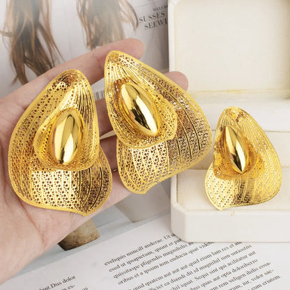 Luxury Shining Gold Color Earrings Ring Set for Women Bride Nigeria Noble Design Jewelry Gift for Wedding Party Accessories