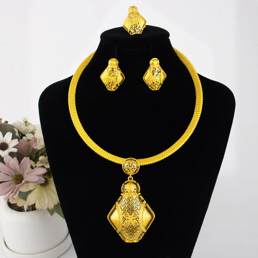 Dubai Luxury Elegant Gold Plated Necklace Ring Earrings 3Pcs Set for Women Gold Color Jewelry Gift for Nigeria Bride Wedding