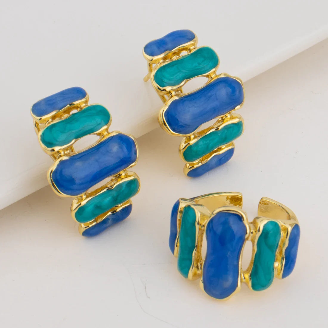 Colorful Women Earrings Ring Congo Africa Trendy Earrings Jewelry Advanced Shine Gold Plated Ring Women's Day Wedding Party