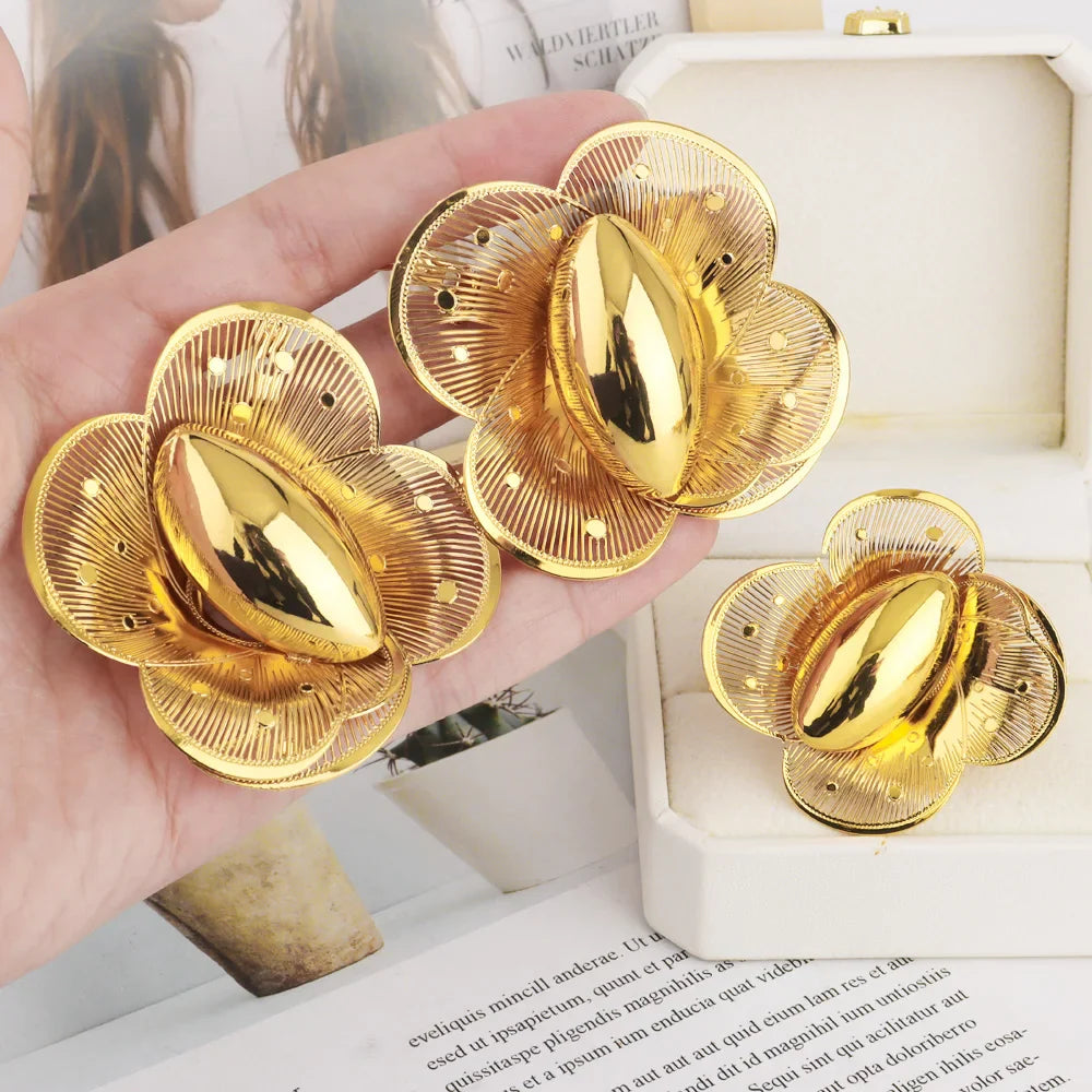 Luxury Shining Gold Color Earrings Ring Set for Women Bride Nigeria Noble Design Jewelry Gift for Wedding Party Accessories