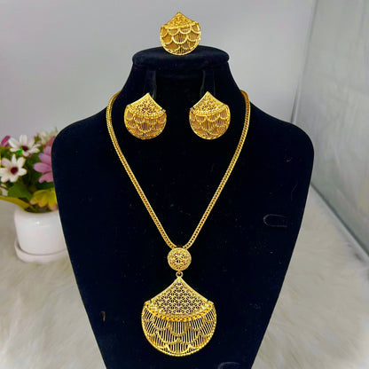 Stainless Steel Women's Necklace Earrings Ring 3PCS Set Vintage Design Jewelry Party Wedding Gifts for Nigeria Girl Bride