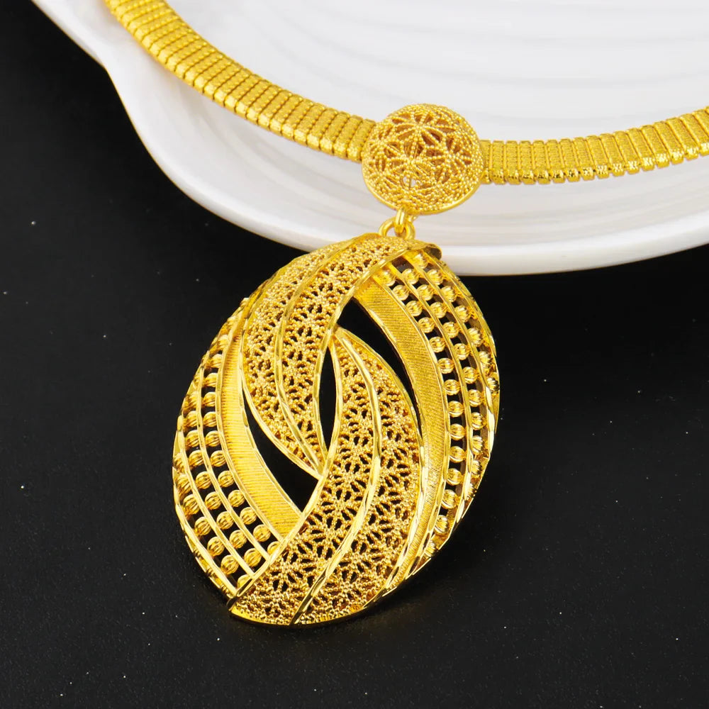 Low-key Luxury Gold Plated Necklace Ring Earrings Jewelry Set for Women Girl Noble Design Jewelry Accessories Gift For Party