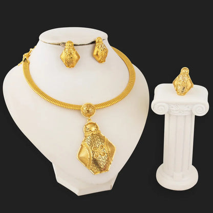 Dubai Luxury Elegant Gold Plated Necklace Ring Earrings 3Pcs Set for Women Gold Color Jewelry Gift for Nigeria Bride Wedding