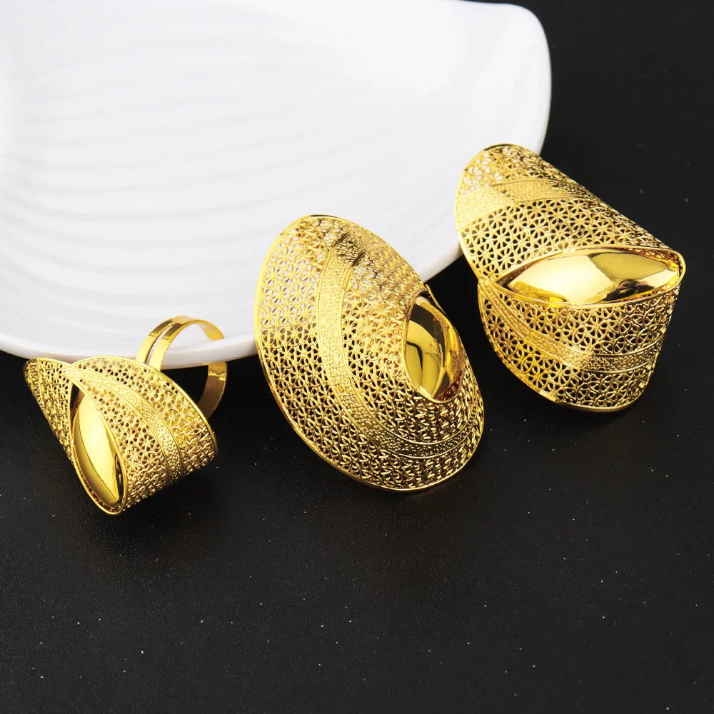 Luxury Shining Gold Color Earrings Ring Set for Women Bride Nigeria Noble Design Jewelry Gift for Wedding Party Accessories