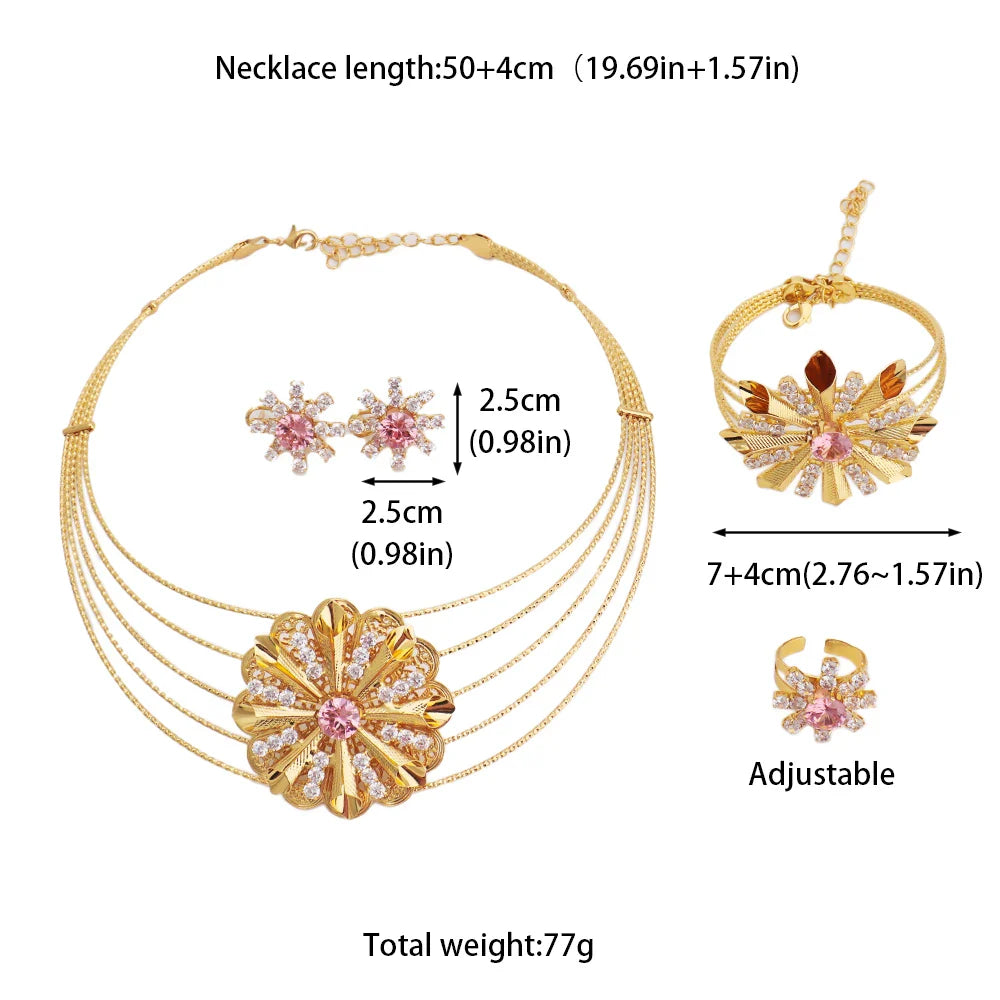 Fashion Shining Flower Shape Women Jewelry Set With Necklace Earrings Ring Bangle Gold Color Jewelry Gift For Party Wedding