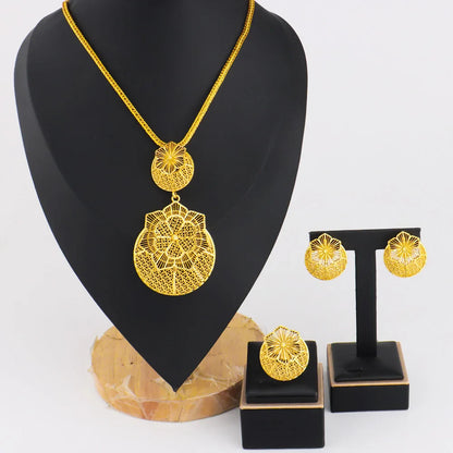 Luxury Dazzling Gold Color Necklace Earrings Ring Set for Women Gold Plated Flower Shape Jewelry Gift for Party Wedding