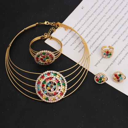 Arab Luxury Women Gold Color Necklace Earrings Bangle Ring Set Hollowed out Colorful Zircon Jewelry Set For Party Easter Gift