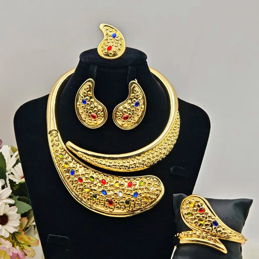 Africa Luxury Women Jewelry Set Ethiopia Multicolour Zircon Water Droplet Shape Necklace Earrings Bangle Ring Party Easter Gift