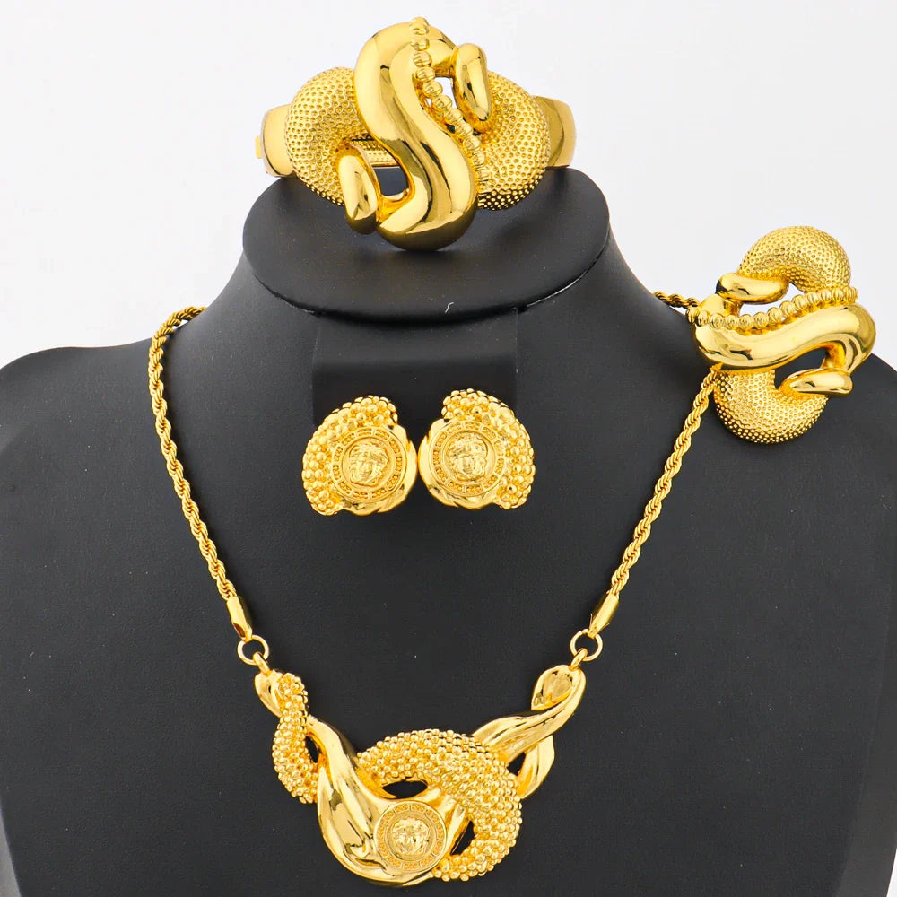 2025 Gold Color Jewelry Set for Women Brazil Charm Necklace Earrings Ring And Bangle Accessories For Banquet Women's Day