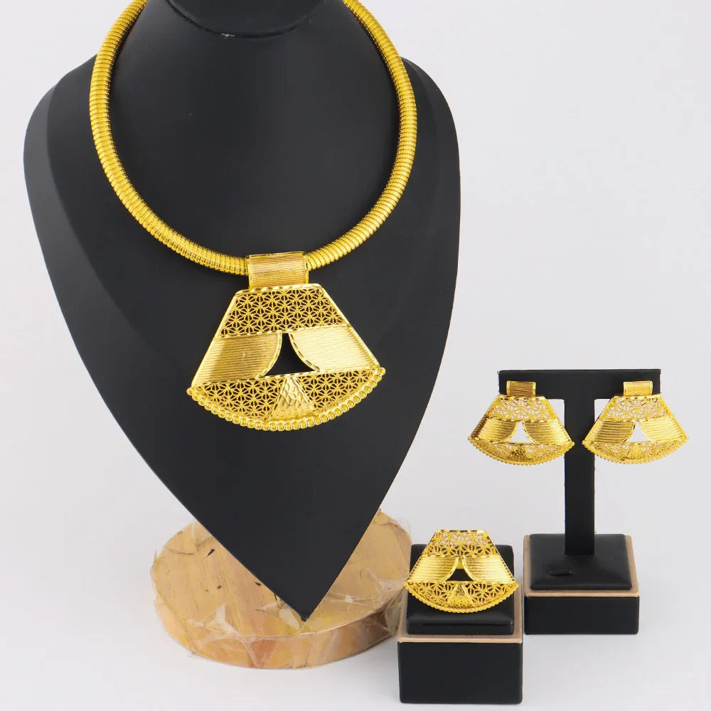 Spring Promotion Nigerian Women Jewelery Dubai Luxury Trapezoid Earrings Bridal Necklace Ring Easter Mother's Day Wedding Gift