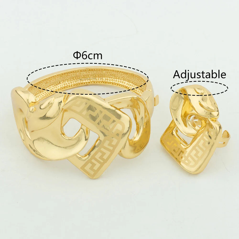 YM African Gold Color Bangles with Ring Nigeria Bride Wedding Banquet Charm Mermaid Bracelet Jewelry Gift Copper Adjustable Ring - YUEMING JEWELRY