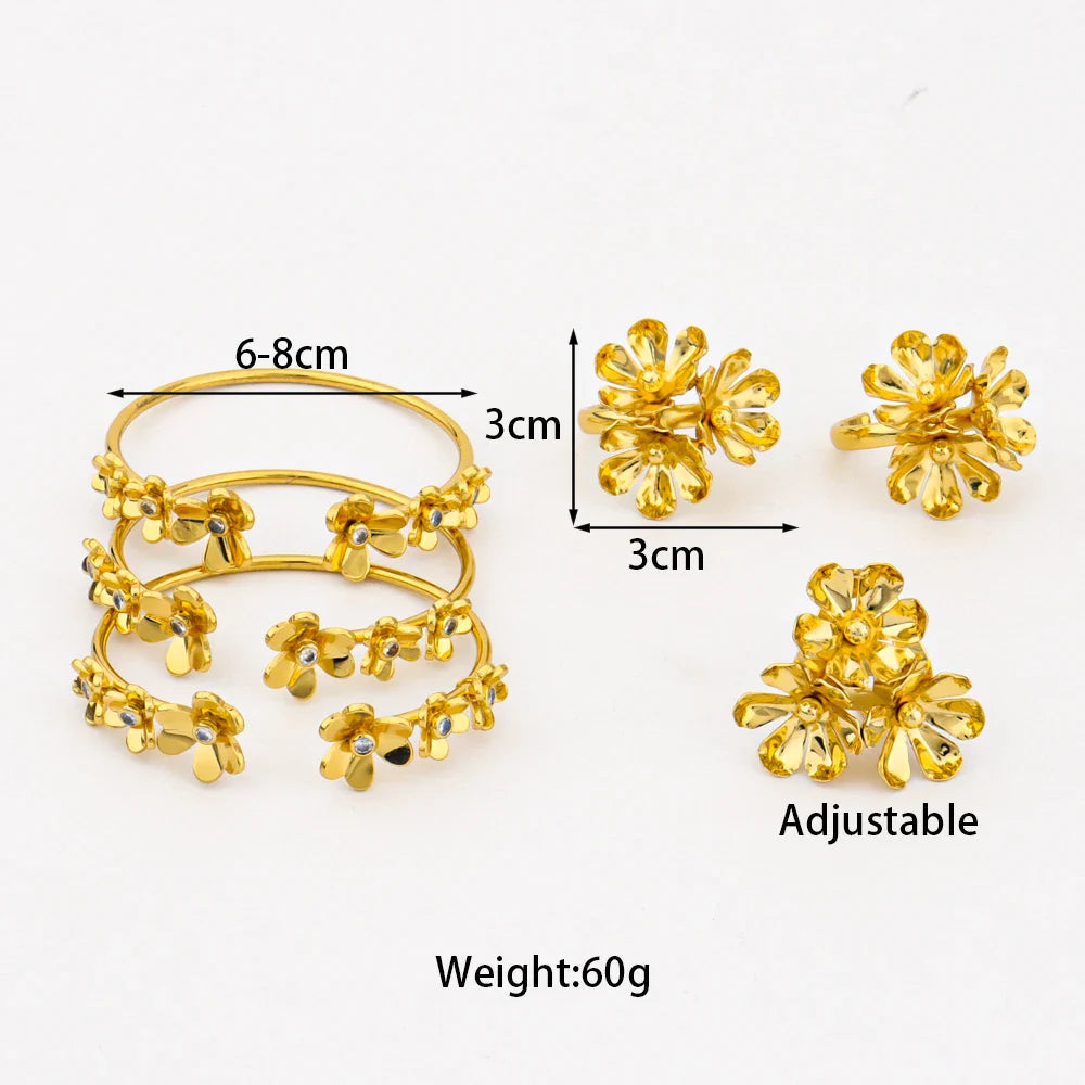 2025 Romantic Gold Color Floral Jewelry Set for Women 3Pc Earrings Bracelet Ring Mother's Day Women's Day Gift Party Accessories