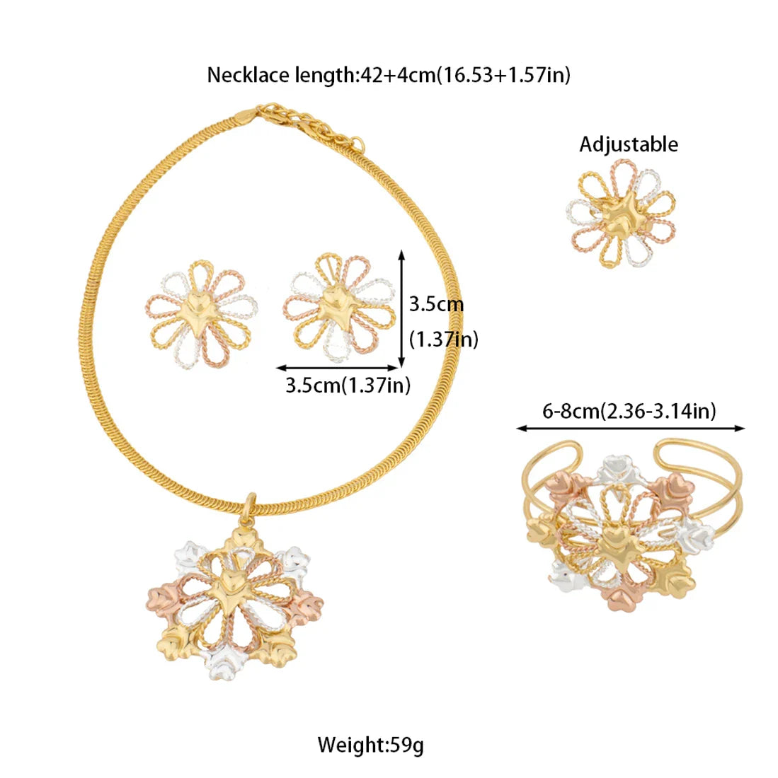 Gold Color Flower Shape Pendant Necklace Ring Necklace Bangle Set for Women 2025 African Trendy Beaded Jewelry Accessories Gift