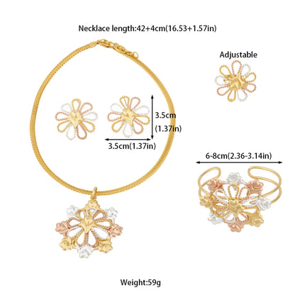 Gold Color Flower Shape Pendant Necklace Ring Necklace Bangle Set for Women 2025 African Trendy Beaded Jewelry Accessories Gift