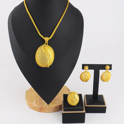 Ethiopia New Style Vintage 3Pcs Jewelry Sets Dragon Egg Shape Pendant Necklace Dubai Mystical Earrings Ring For Party Easter Gif
