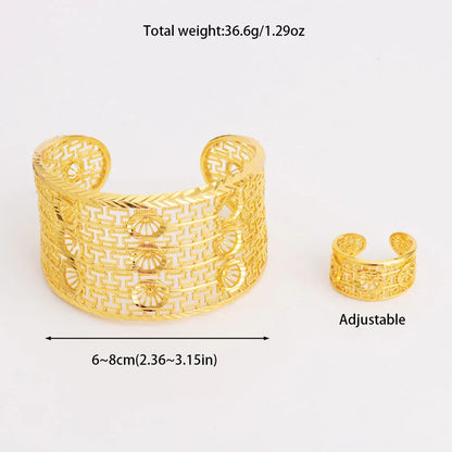 Luxury Dubai Gold Color Bangle And Ring For Women Noble Hollow Out Design Jewelry Set For Easter Gifts Wedding Arabic Party