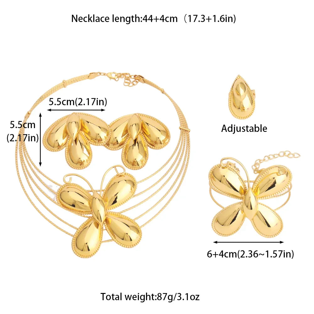 Dubai Luxury Jewellery 4PC Women's Fashion Trendy Flower Earrings Pendant Necklace Bracelet Set Gold-Plated Jewellry Party Gifts