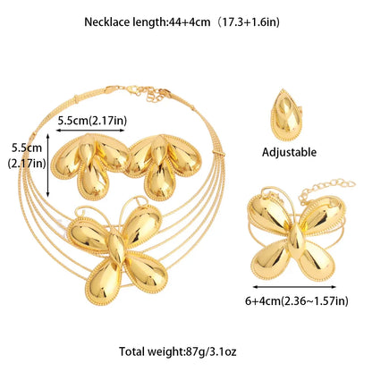 Dubai Luxury Jewellery 4PC Women's Fashion Trendy Flower Earrings Pendant Necklace Bracelet Set Gold-Plated Jewellry Party Gifts