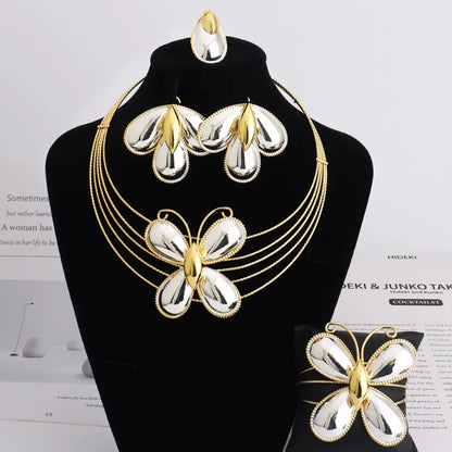 Dubai Luxury Jewellery 4PC Women's Fashion Trendy Flower Earrings Pendant Necklace Bracelet Set Gold-Plated Jewellry Party Gifts