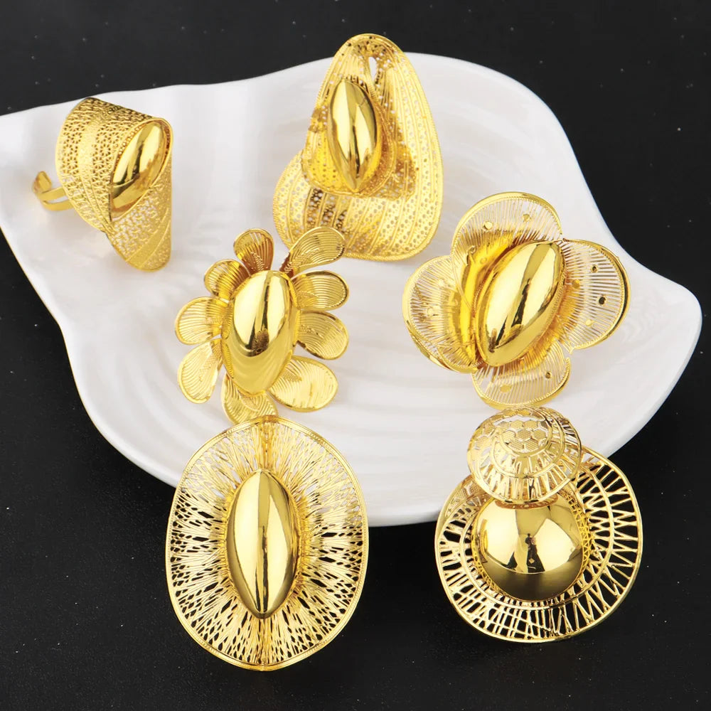 Luxury Shining Gold Color Earrings Ring Set for Women Bride Nigeria Noble Design Jewelry Gift for Wedding Party Accessories