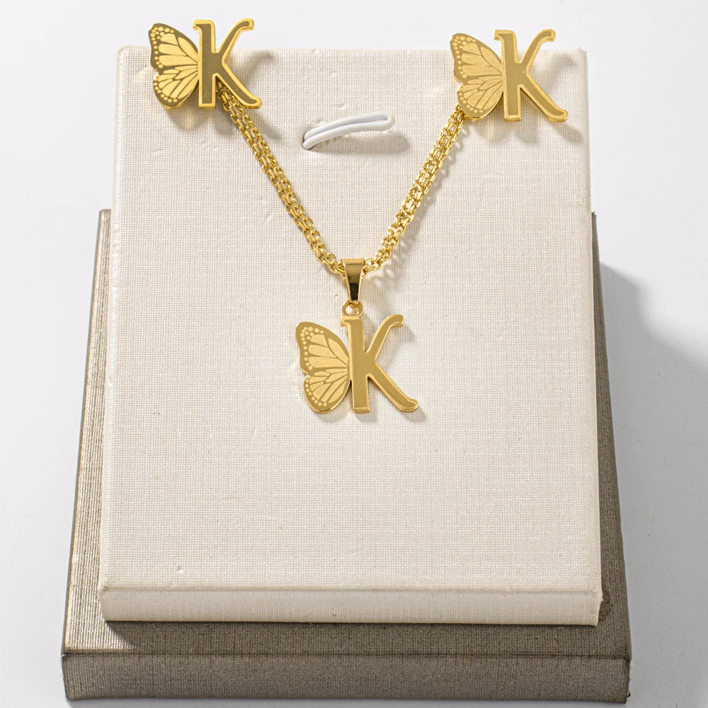 French Letter Pendant Necklace and Earrings 2Pcs Set For Girls Women Gold Color Butterfly Wings Shape Jewelry Gift For Wedding