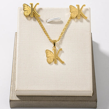 French Letter Pendant Necklace and Earrings 2Pcs Set For Girls Women Gold Color Butterfly Wings Shape Jewelry Gift For Wedding